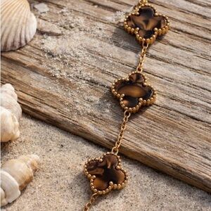 18K Gold Filled Brown Tortoiseshell Clover Bracelet Adjustable 7” Station Style